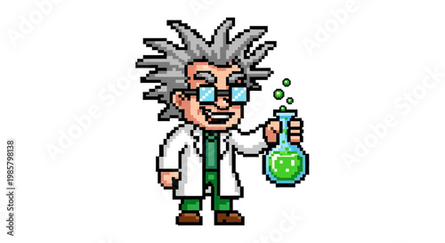 Pixel Art Mad Scientist Holding Green Potion Flask.