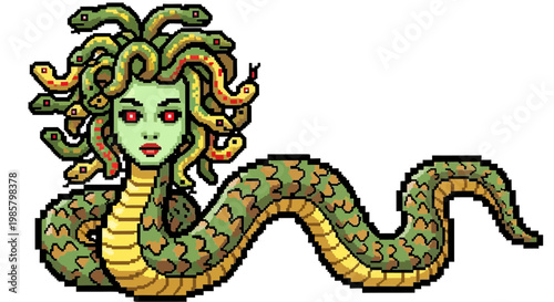 Pixel Art Medusa Gorgon Mythological Creature Illustration.