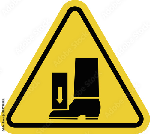 Risk of foot injury. Yellow warning triangle. Wear protective footwear to prevent bruises, fractures, and crush injuries in hazardous areas of production facilities and warehouses.