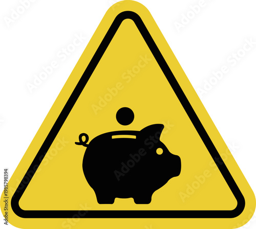 Piggy bank. Yellow warning triangle sign. Use resources sparingly. Maintain a savings regime. Saving money. Savings and financial security.