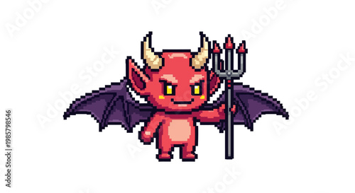 Pixel Art Red Devil Character Holding Trident.