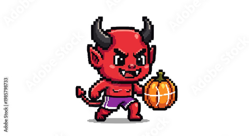 Pixel Art Red Devil Holding a Pumpkin Character.