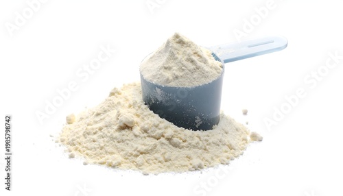 A scoop, overflowing with powder, rests beside a small pile of the same substance, all against a bright white background