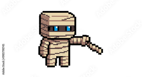 Pixel Art Mummy Character Holding a Bandage Stick.
