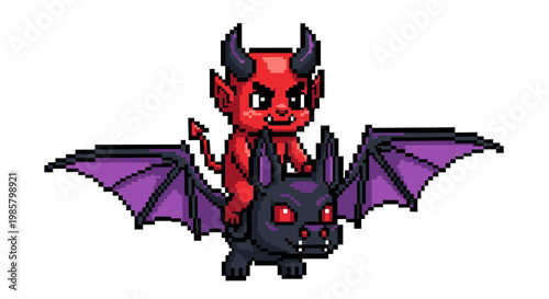 Pixel Art Red Devil Riding a Black Bat Creature.
