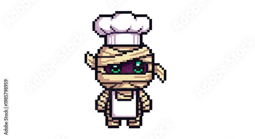 Pixel Art Mummy Chef Character Wearing Chef Hat and Apron.