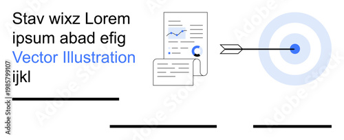 Data analytics, goal setting, performance tracking, business productivity, marketing strategies, success concepts. Graphs and documents beside a bullseye with an arrow. Data analytics and goal
