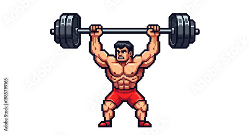 Pixel Art Muscular Man Lifting Heavy Barbell Overhead.