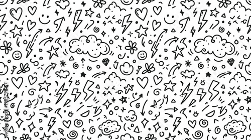 Black and white doodle icons pattern.