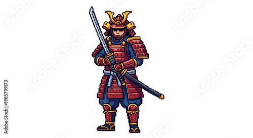 Pixel Art Samurai Warrior Holding Katana Sword.