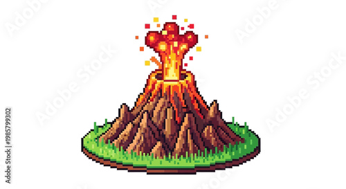 Pixel Art Volcano Erupting with Lava and Smoke.