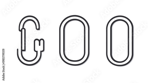 A graphic featuring a carabiner followed by two elongated ovals, each with a rounded rectangular shape