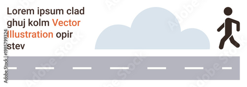 Travel, transportation, safety, walking, minimalism, road infrastructure. A pedestrian walking next to a road with a cloud in the background. Travel and transportation concepts