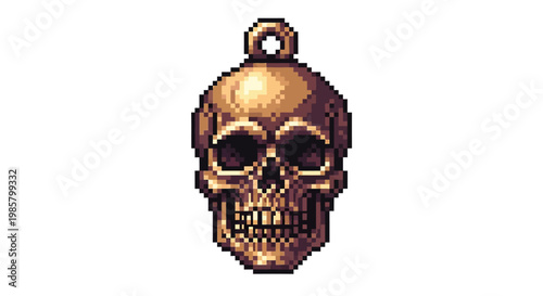 Pixel Art Golden Skull Pendant Charm with Hanging Loop.