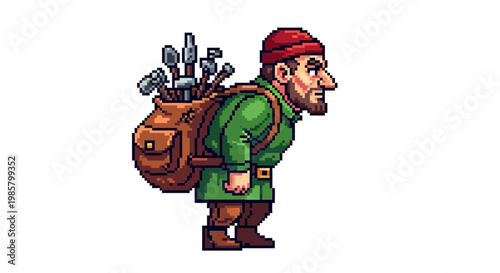 Pixel Art Golfer Carrying Golf Bag on Back.