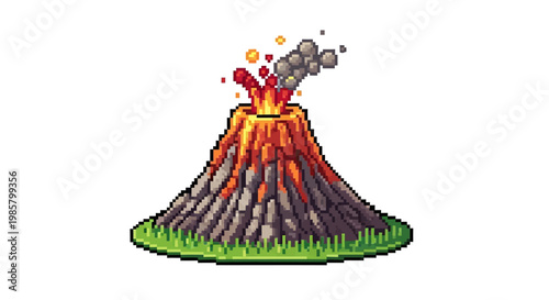 Pixel Art Volcano Erupting With Lava and Smoke.