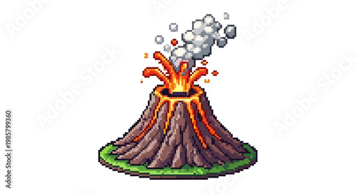 Pixel Art Volcano Erupting with Lava and Smoke.