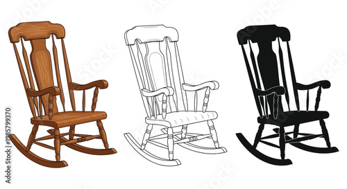 Rocking chair vector illustrations in various styles and colors shown