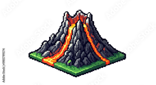 Pixel Art Volcano Erupting With Lava Flow.