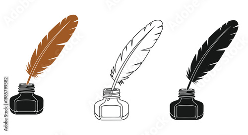 Quill pen vector illustrations in colorful and black and white versions