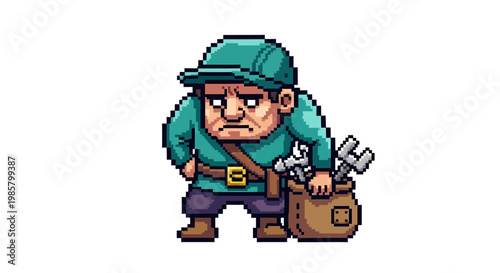 Pixel Art Golfer Character with Grumpy Expression and Golf Bag.