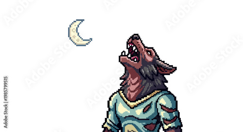 Pixel Art Werewolf Howling at Crescent Moon.