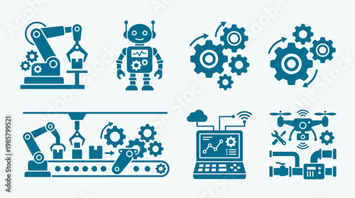 Industrial robotic automation technology icons.