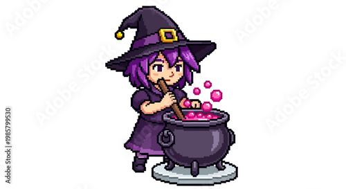 Pixel Art Witch Brewing Potion in Cauldron.