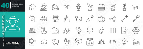 Farming icon set. Agriculture related line icons: farm, gardening, smart farm, farm animals, seeding, farmer, and more. Editable stroke. Vector illustration.
