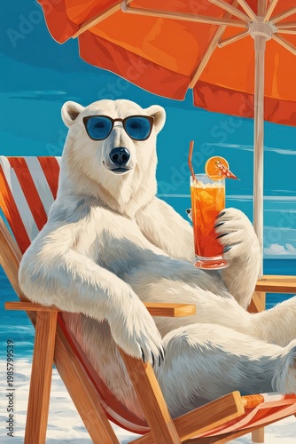 Polar bear wearing sunglasses relaxing on a beach chair with a tropical cocktail under an umbrella