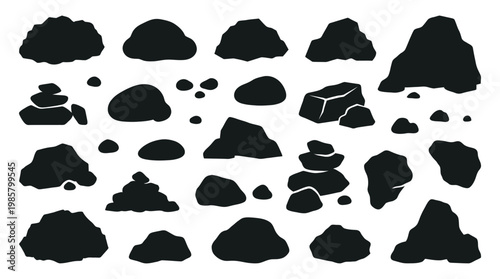 Collection of various black rock shapes.