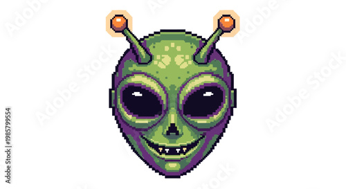 Pixel Art Green Alien Head with Big Eyes and Antennae.