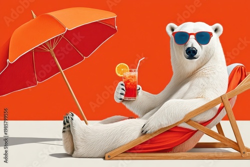 Polar bear wearing sunglasses lounging on a beach chair with a drink under an umbrella