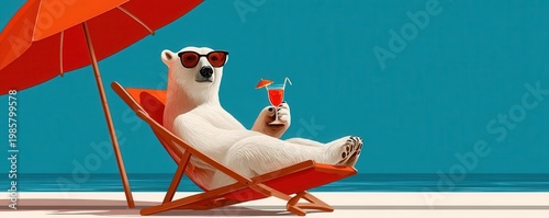 Polar bear relaxing on a beach chair with sunglasses and a tropical cocktail