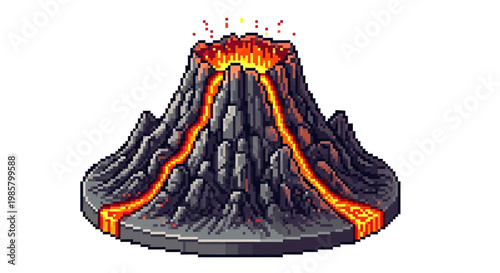 Pixel Art Volcano Erupting With Lava Flow.