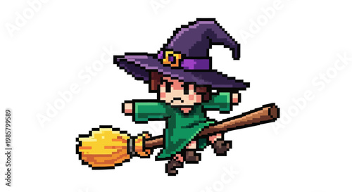 Pixel Art Witch Flying on Broomstick.