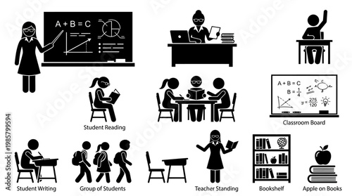 Teacher and students in classroom settings.