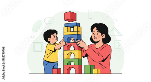 Joyful mother and son collaboratively building a tall, colorful block tower, illustrating early childhood development, playful learning, and family bonding activities in a bright illustration