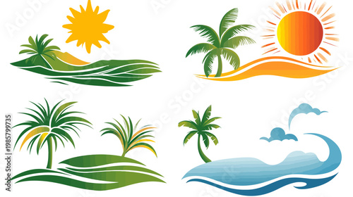 Four vector illustrations depicting tropical scenes with stylized elements such as palm trees, sun and waves