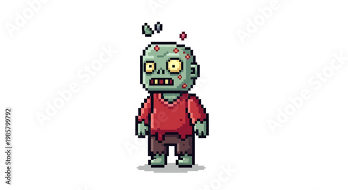 Pixel Art Zombie Character with Green Skin and Red Shirt.