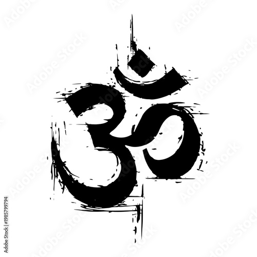 Sacred Hindu Om symbol vector illustration in distressed grunge ink style