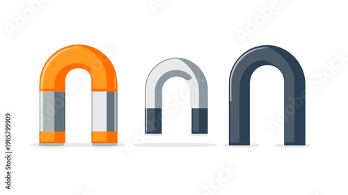Three colorful horseshoe magnets on a white background, demonstrating different color schemes