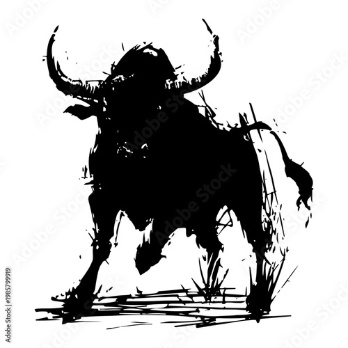 strong black bull silhouette standing with horns in grunge style