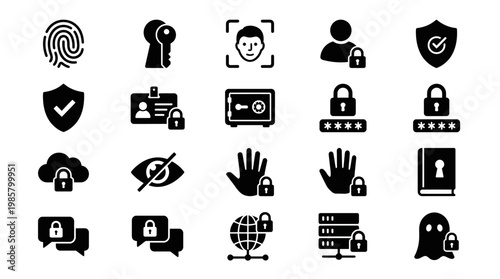 Black icons of security and protection.