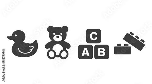 Minimalist black toy icons featuring a duck, teddy bear, alphabet blocks and building bricks on white background, concept for childhood education, nursery design and toy shop branding