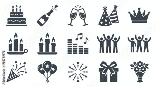 Minimalist black celebration icons set with cake, champagne and cheering managers on white background, concept for corporate event, business party branding and holiday advertising campaign