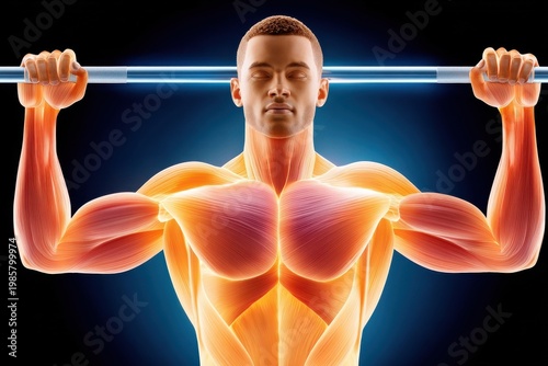 Muscular anatomy illustration of a man performing weightlifting to demonstrate strength and fitness