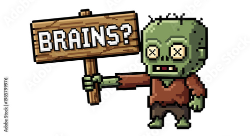 Pixel Art Zombie Holding Brains Sign.