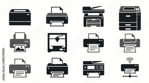 Various printer icons set including inkjet laser 3D and multifunction office machines on white background, concept for administrative management, digital documentation and office supplies