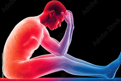 X-ray illustration of a seated person showing inflammation, pain and skeletal anatomy with red and blue coloration